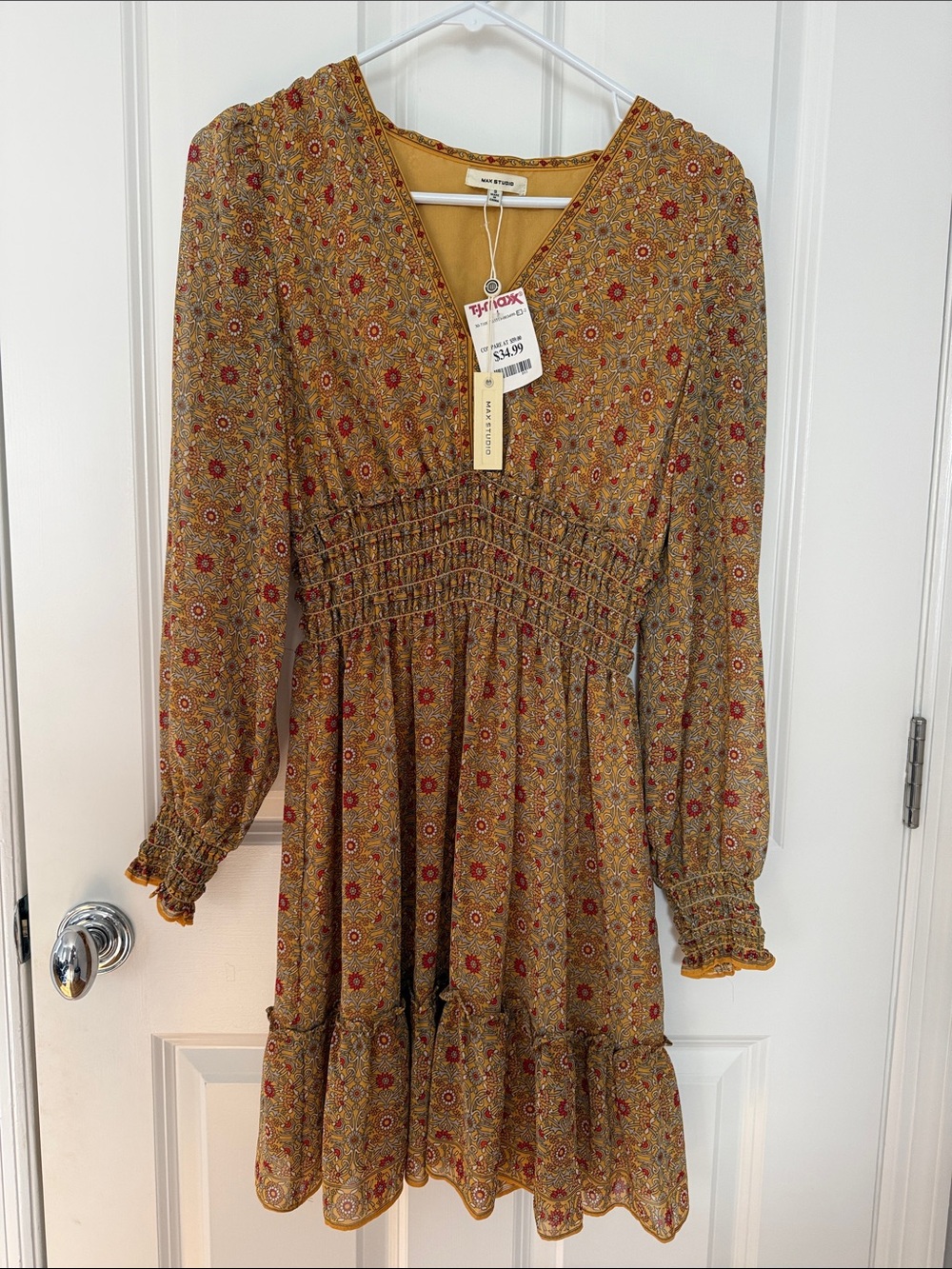 BNWT Max Studio Mustard Floral Long-Sleeve Smocked Waist Dress